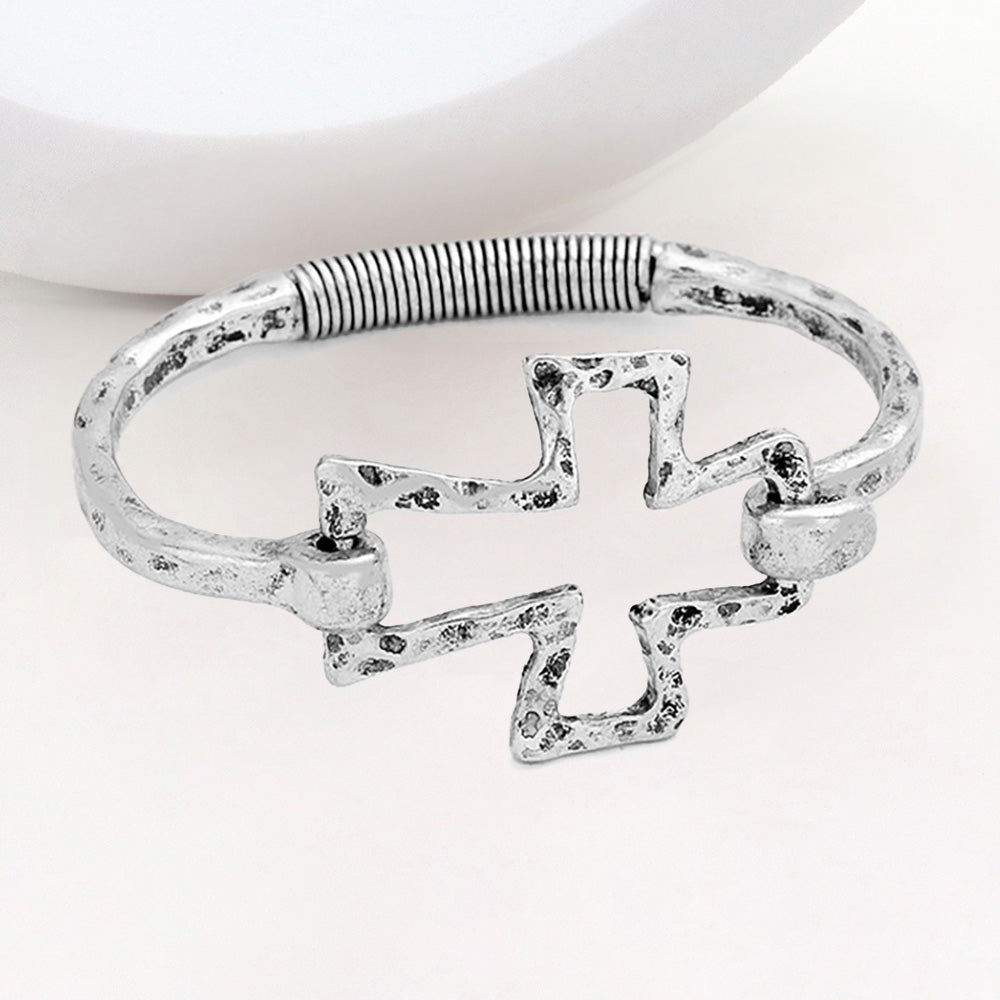 Madeline Love Silver Burnished Hammered Metal Cross Bangle Bracelet - Bracelets