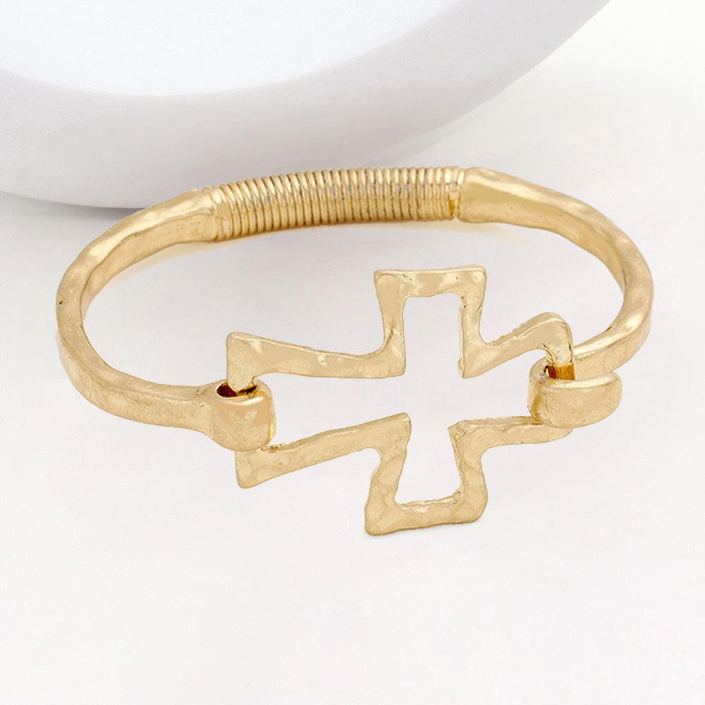 Madeline Love Worn Gold Hammered Metal Cross Bangle Bracelet - Bracelets