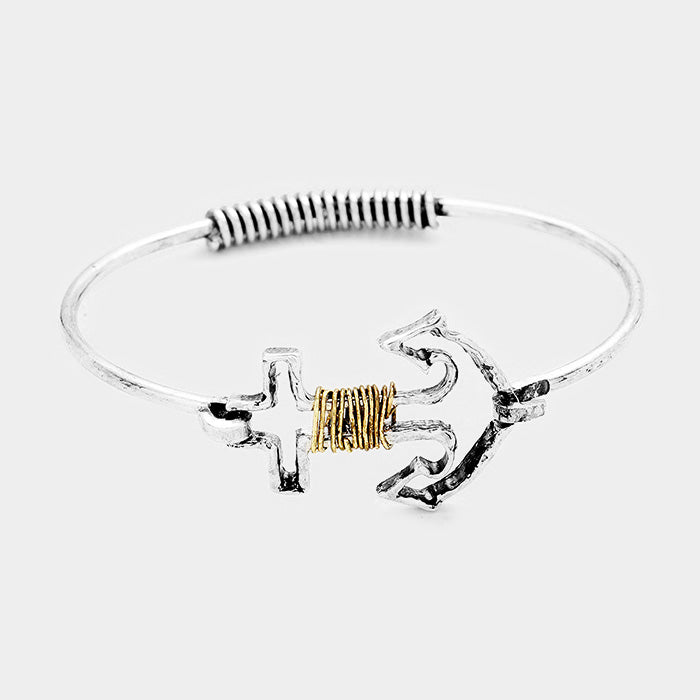 Madeline Love Silver Burnished, Gold Burnished Wire Wrapped Anchor Metal Hook Bracelet - Bracelets