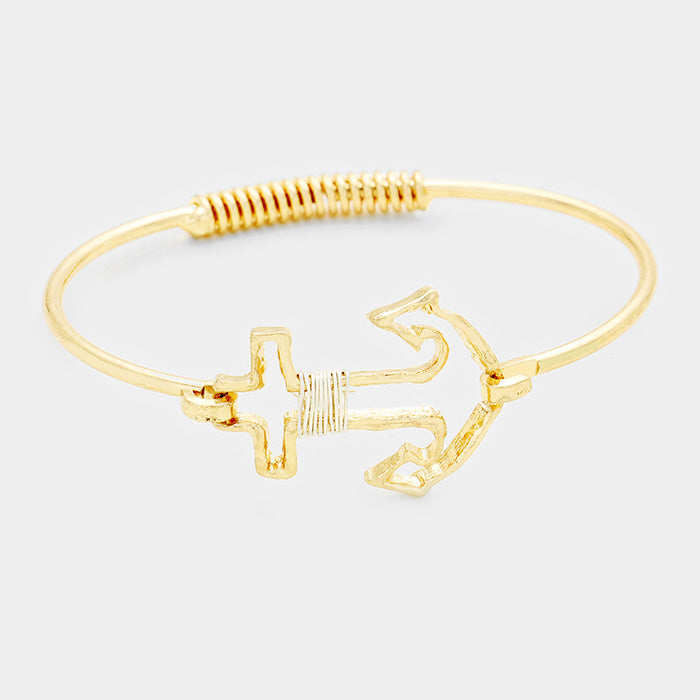 Madeline Love Worn Gold, Worn Silver Wire Wrapped Anchor Metal Hook Bracelet - Bracelets