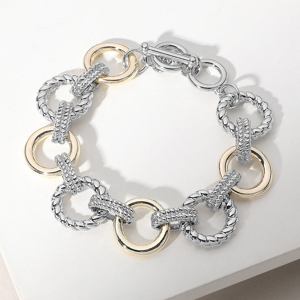 Madeline Love Two Tone Texture Metal Open Circle Link Toggle Bracelet