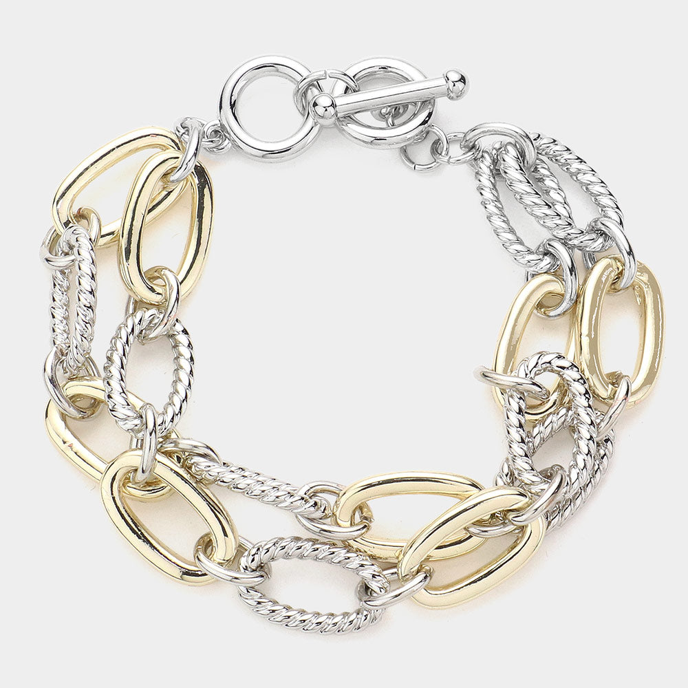 Madeline Love Two Tone Textured Metal Open Oval Link Layered Toggle Bracelet