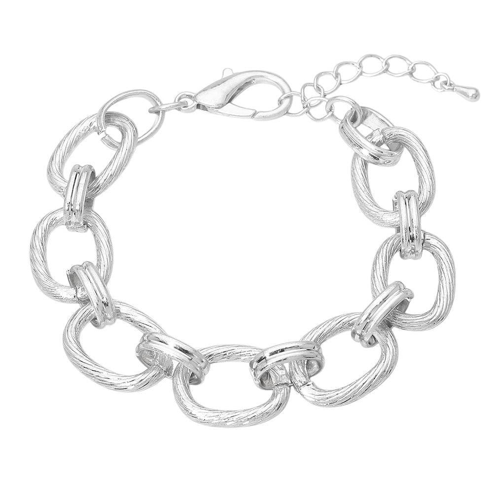 Madeline Love Worn Silver Textured Metal Oval Link Chain Bracelet - Bracelets - desc