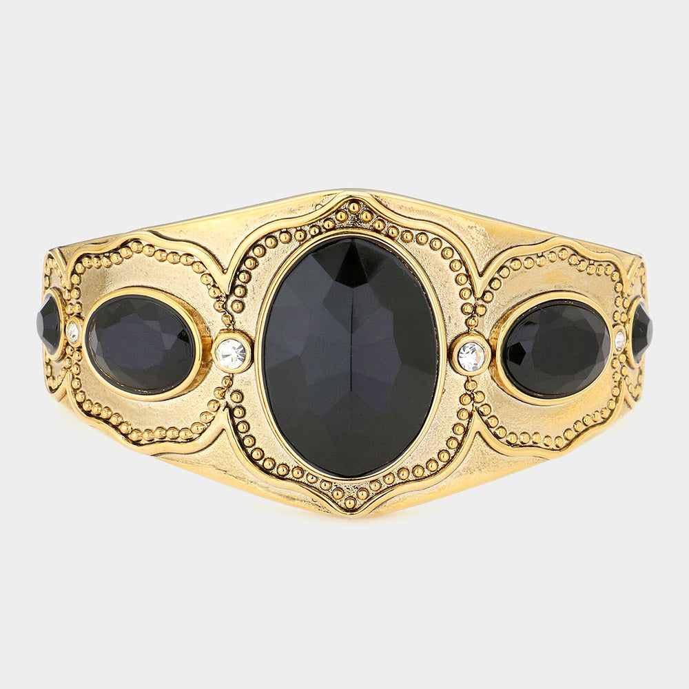 Madeline Love Gold, Jet Black Oval Stone Accented Metal Bracelet - Bracelets