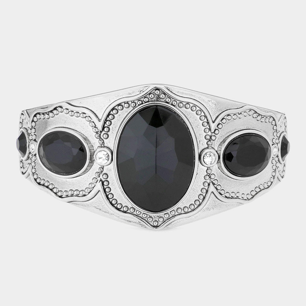 Madeline Love Jet Black, Rhodium Oval Stone Accented Metal Bracelet - Bracelets