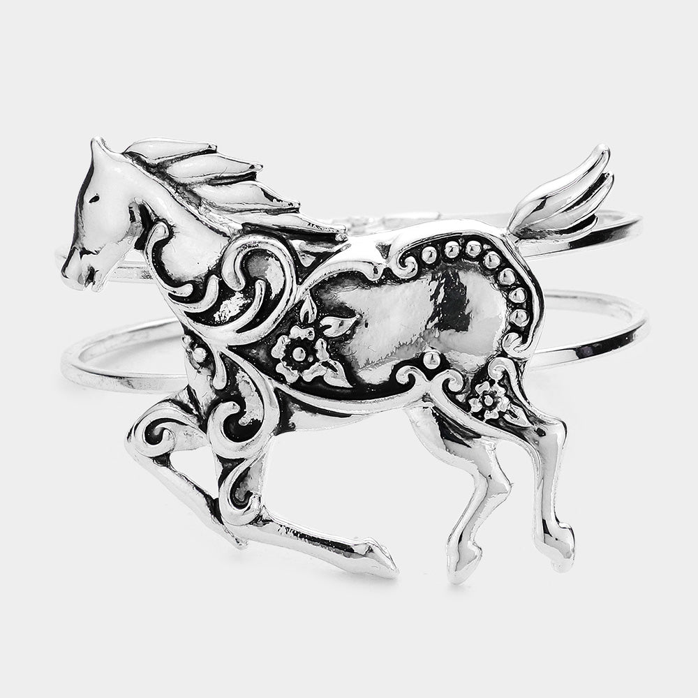 Madeline Love Antique Silver Hinged Metal Running Horse Hinged Bracelet - Bracelets
