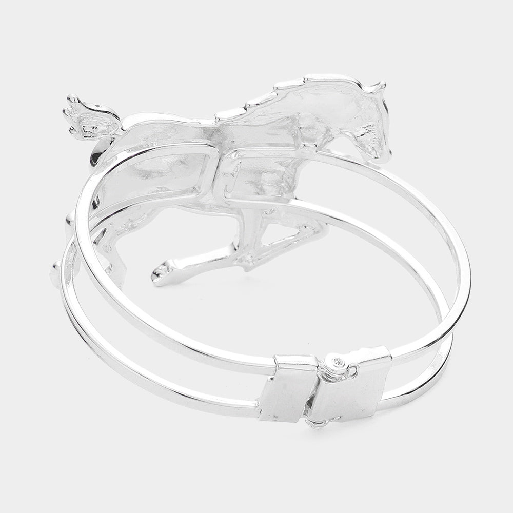 Madeline Love Antique Silver Hinged Metal Running Horse Hinged Bracelet - Bracelets - desc