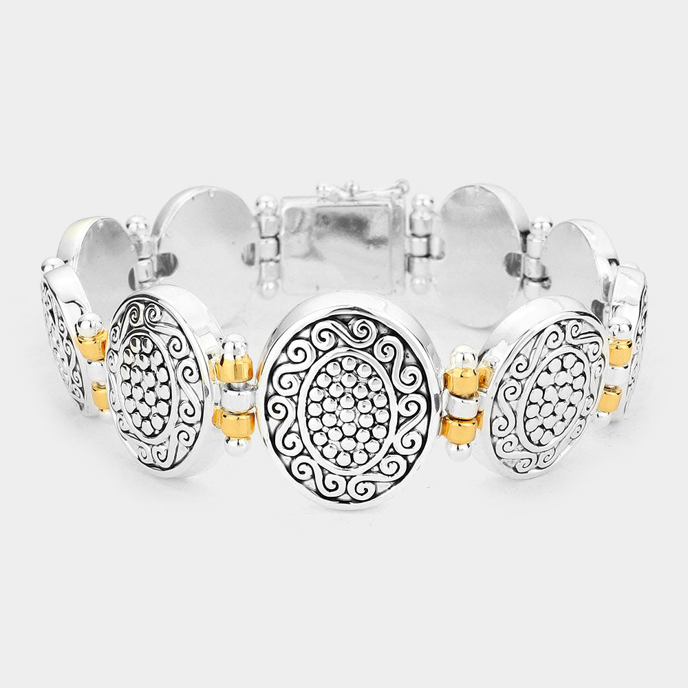 Madeline Love Two Tone Antique Patterned Metal Oval Bracelet - Bracelets