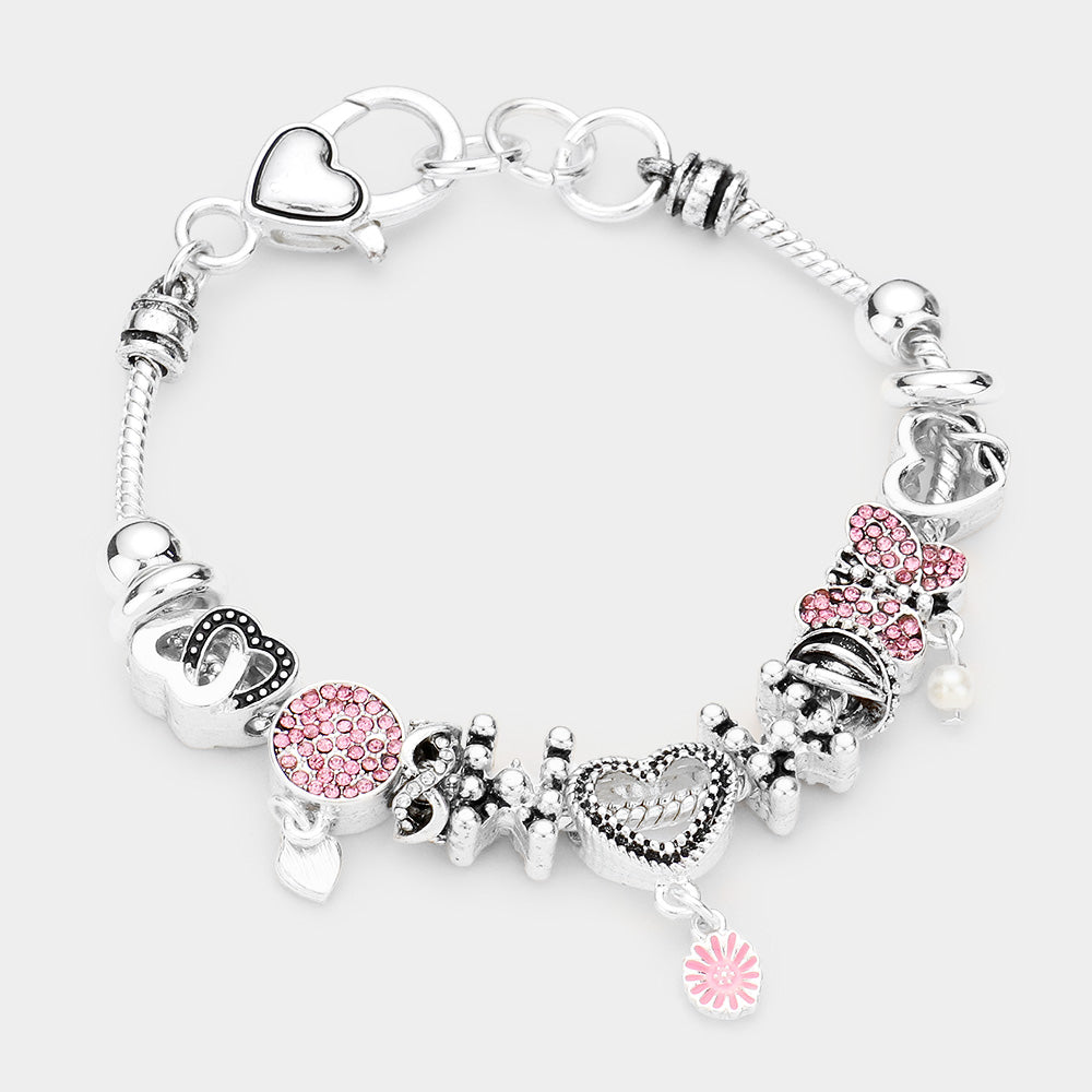 Metal Heart Rhinestone Embellished Round Butterfly Multi Bead Charm Bracelet