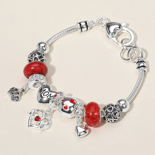 Madeline Love Antique Silver, Red MOM Message Crown Heart Charm Beaded Bracelet - Bracelets