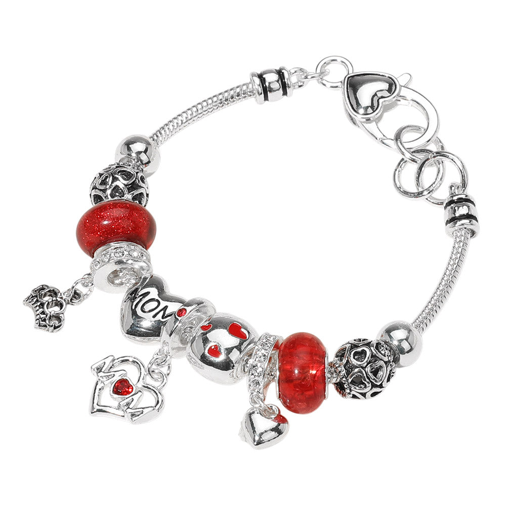Madeline Love Antique Silver, Red MOM Message Crown Heart Charm Beaded Bracelet - Bracelets - desc