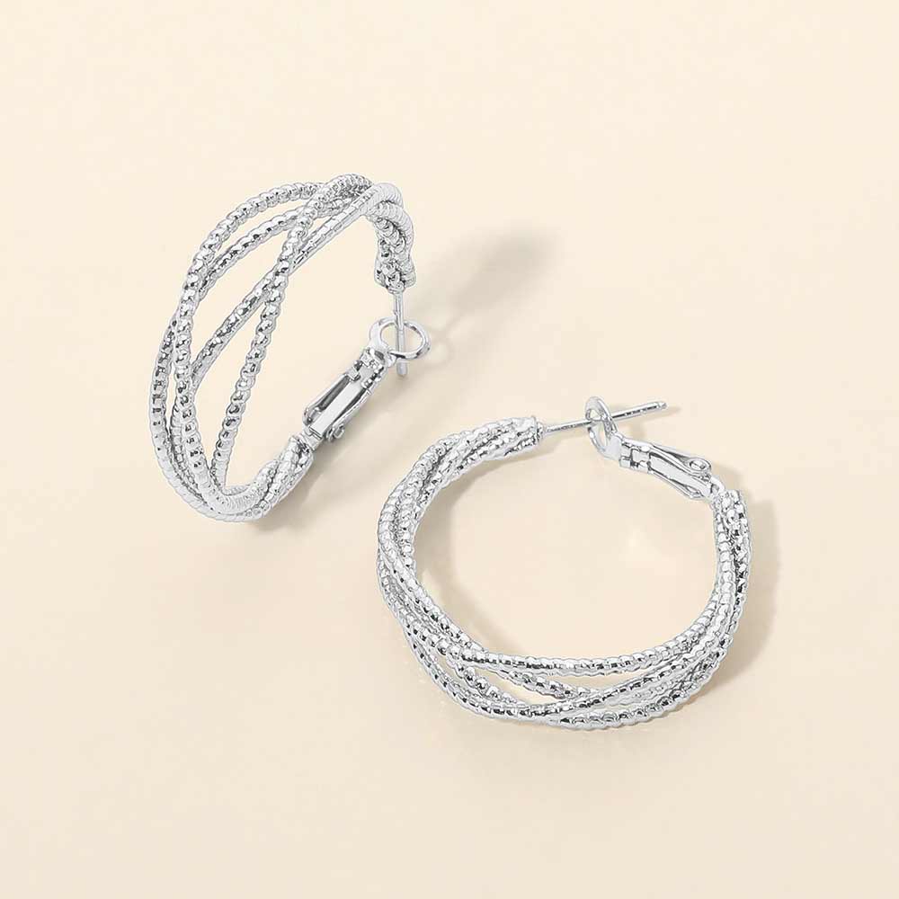Madeline Love Silver Textured Metal Triple Layered Hoop Earrings