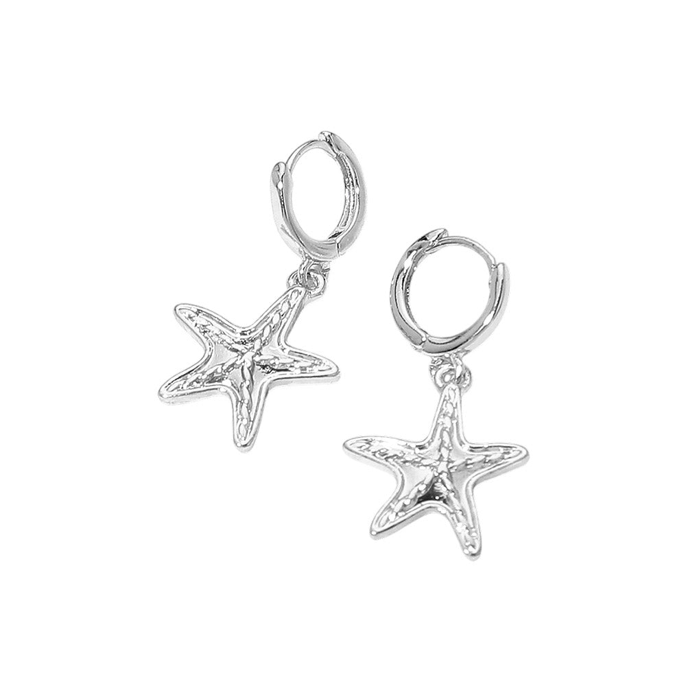 Madeline Love Rhodium Starfish Charm Drop Huggie Hoop Earrings - desc