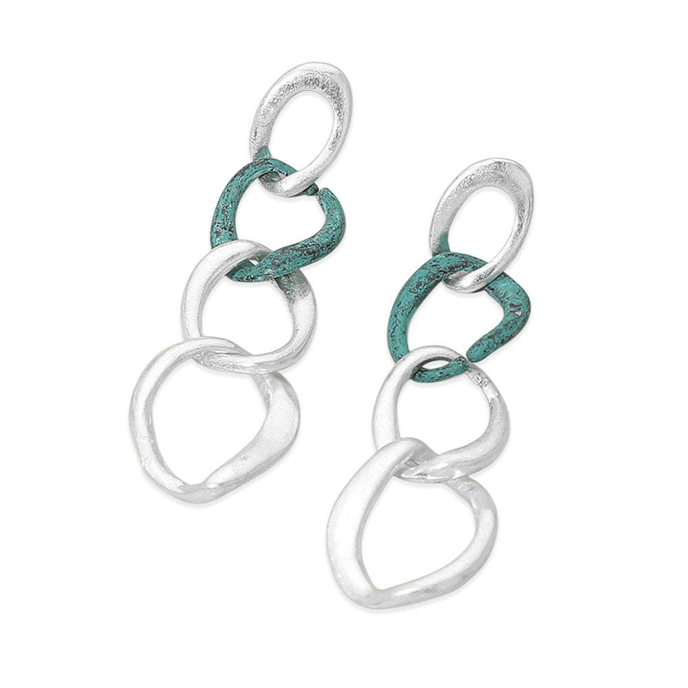 Madeline Love Patina Verdigris, Worn Silver Two Tone Metal Link Chain Drop Earrings - desc