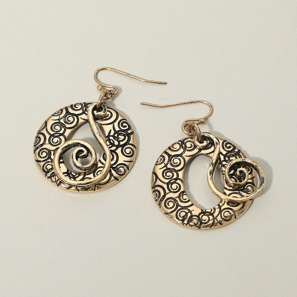 Madeline Love Gold Burnished Boho Filigree Swirl Circle Drop Dangle Earrings