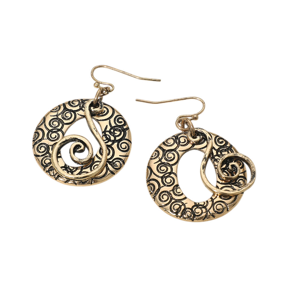 Madeline Love Gold Burnished Boho Filigree Swirl Circle Drop Dangle Earrings - desc