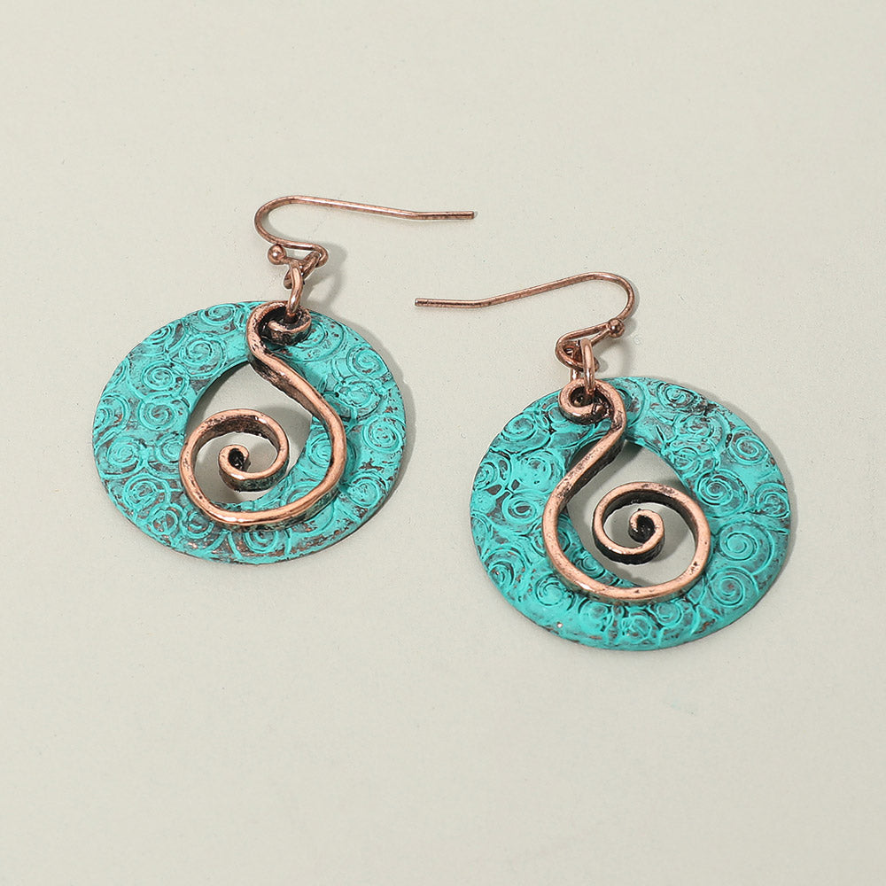 Madeline Love Patina Verdigris Boho Filigree Swirl Circle Drop Dangle Earrings