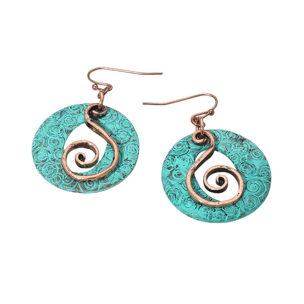 Madeline Love Patina Verdigris Boho Filigree Swirl Circle Drop Dangle Earrings - desc