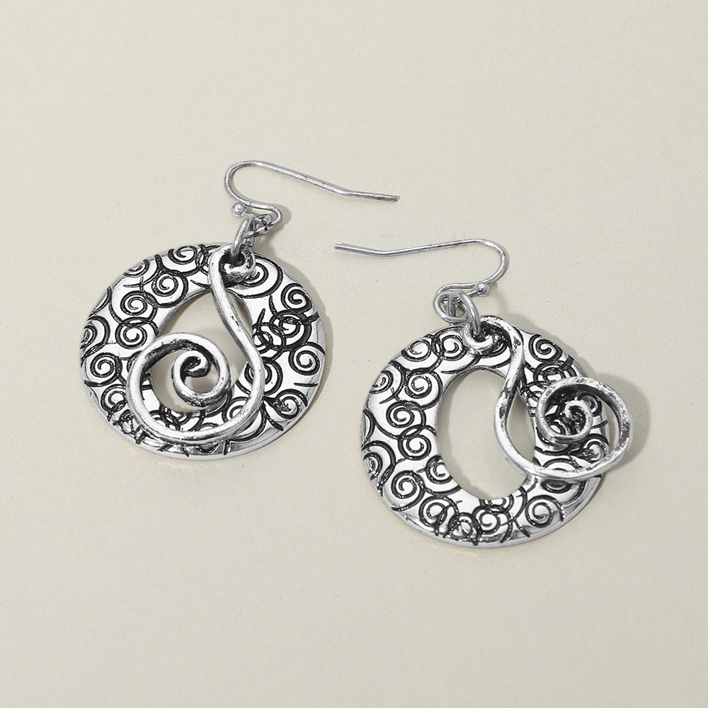 Madeline Love Silver Burnished Boho Filigree Swirl Circle Drop Dangle Earrings