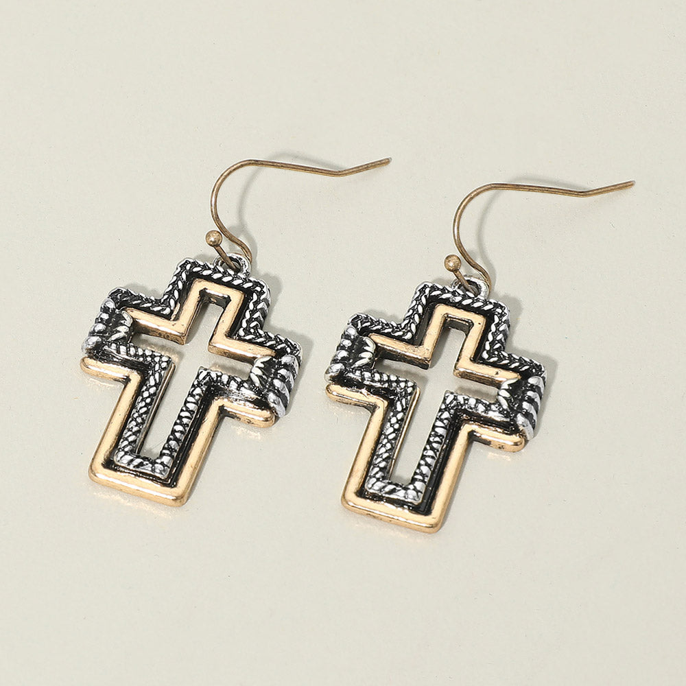 Madeline Love Gold Burnished, Two Tone Two Tone Antique Metal Open Cross Charm Drop Dangle Earrings