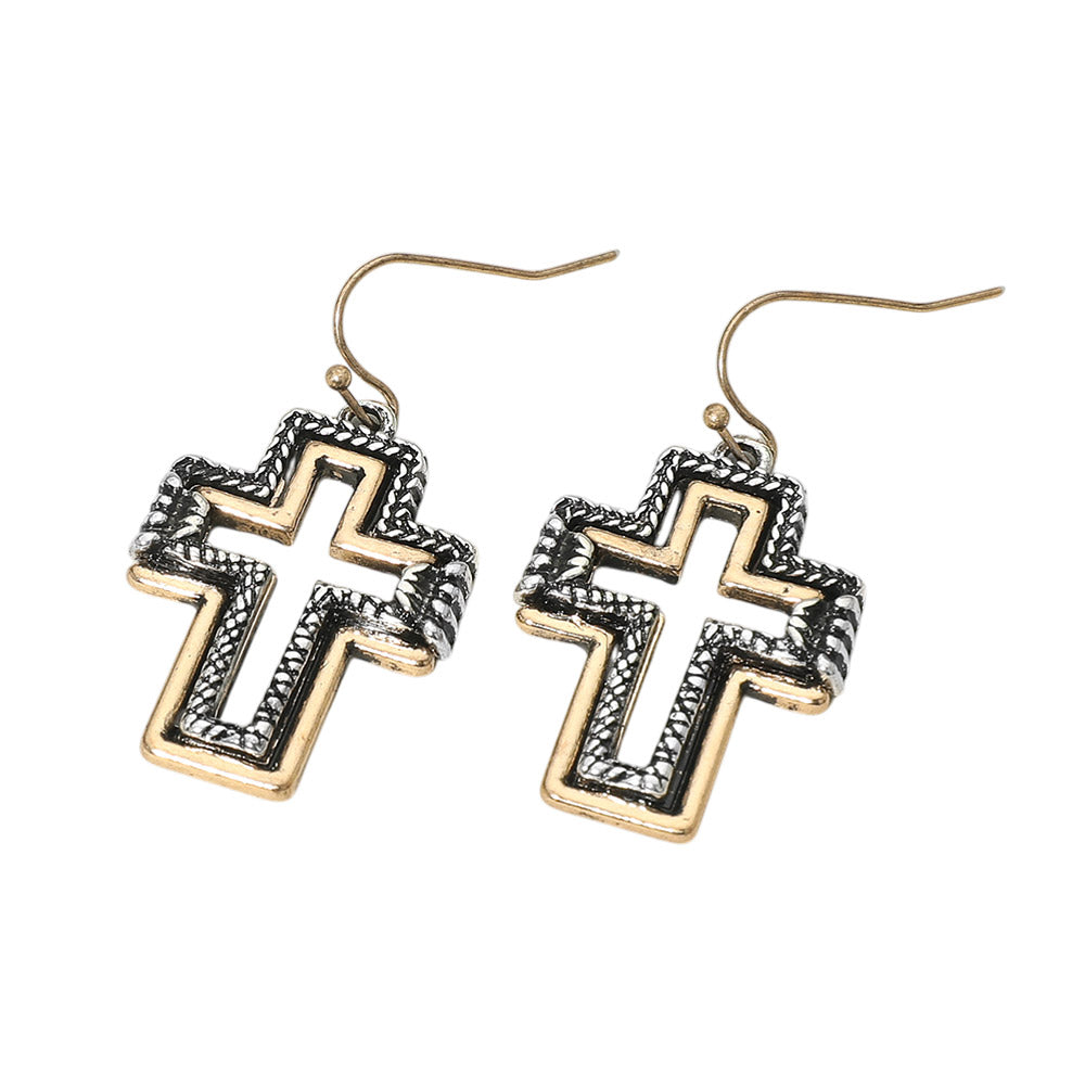 Madeline Love Gold Burnished, Two Tone Two Tone Antique Metal Open Cross Charm Drop Dangle Earrings - desc