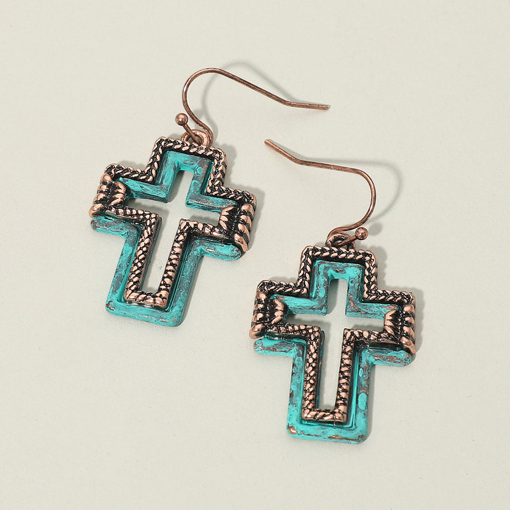 Madeline Love Copper Burnished, Patina Verdigris Two Tone Antique Metal Open Cross Charm Drop Dangle Earrings
