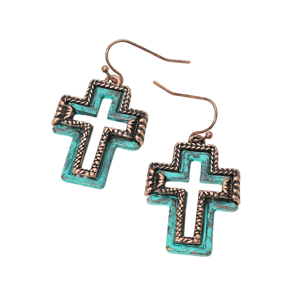 Madeline Love Copper Burnished, Patina Verdigris Two Tone Antique Metal Open Cross Charm Drop Dangle Earrings - desc