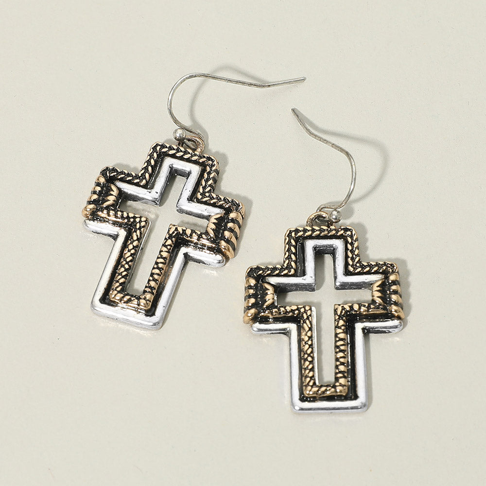 Madeline Love Silver Burnished, Two Tone Two Tone Antique Metal Open Cross Charm Drop Dangle Earrings