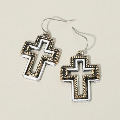 Madeline Love Silver Burnished, Two Tone Two Tone Antique Metal Open Cross Charm Drop Dangle Earrings