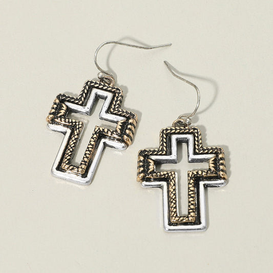 Madeline Love Silver Burnished, Two Tone Two Tone Antique Metal Open Cross Charm Drop Dangle Earrings