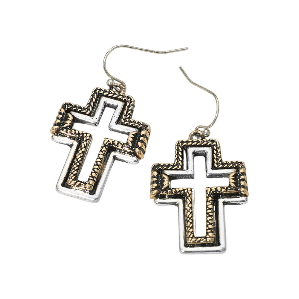 Madeline Love Silver Burnished, Two Tone Two Tone Antique Metal Open Cross Charm Drop Dangle Earrings - desc