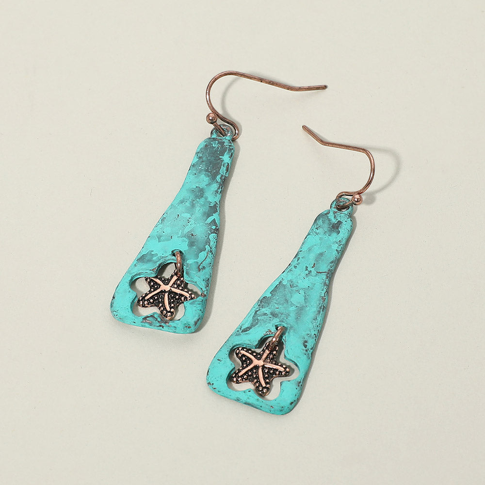 Madeline Love Copper Burnished, Patina Verdigris Textured Metal Starfish Charm Drop Plate Earrings