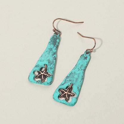 Madeline Love Copper Burnished, Patina Verdigris Textured Metal Starfish Charm Drop Plate Earrings