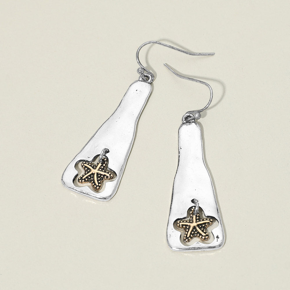 Madeline Love Silver Burnished, Two Tone Textured Metal Starfish Charm Drop Plate Earrings