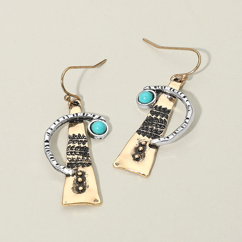 Madeline Love Gold Burnished, Two Tone Turquoise Stone Accent Abstract Textured Metal Drop Earrings