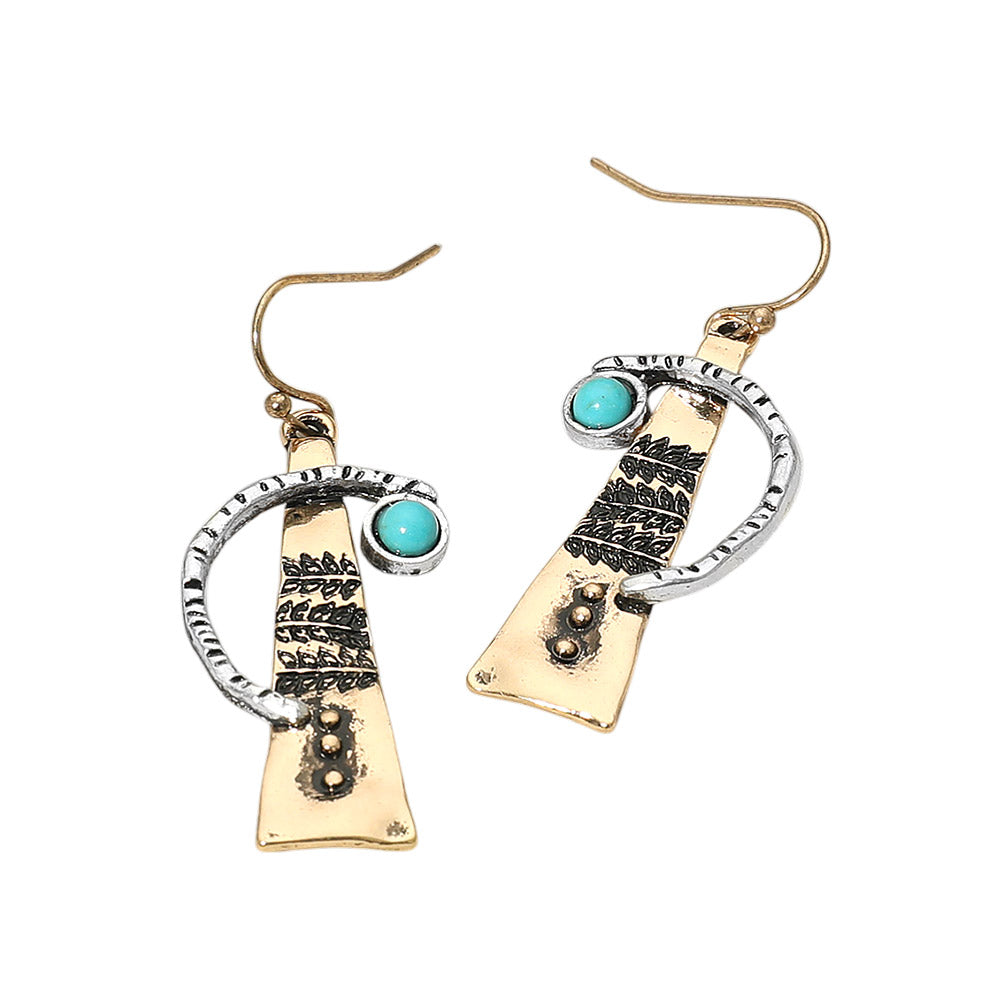 Madeline Love Gold Burnished, Two Tone Turquoise Stone Accent Abstract Textured Metal Drop Earrings - desc