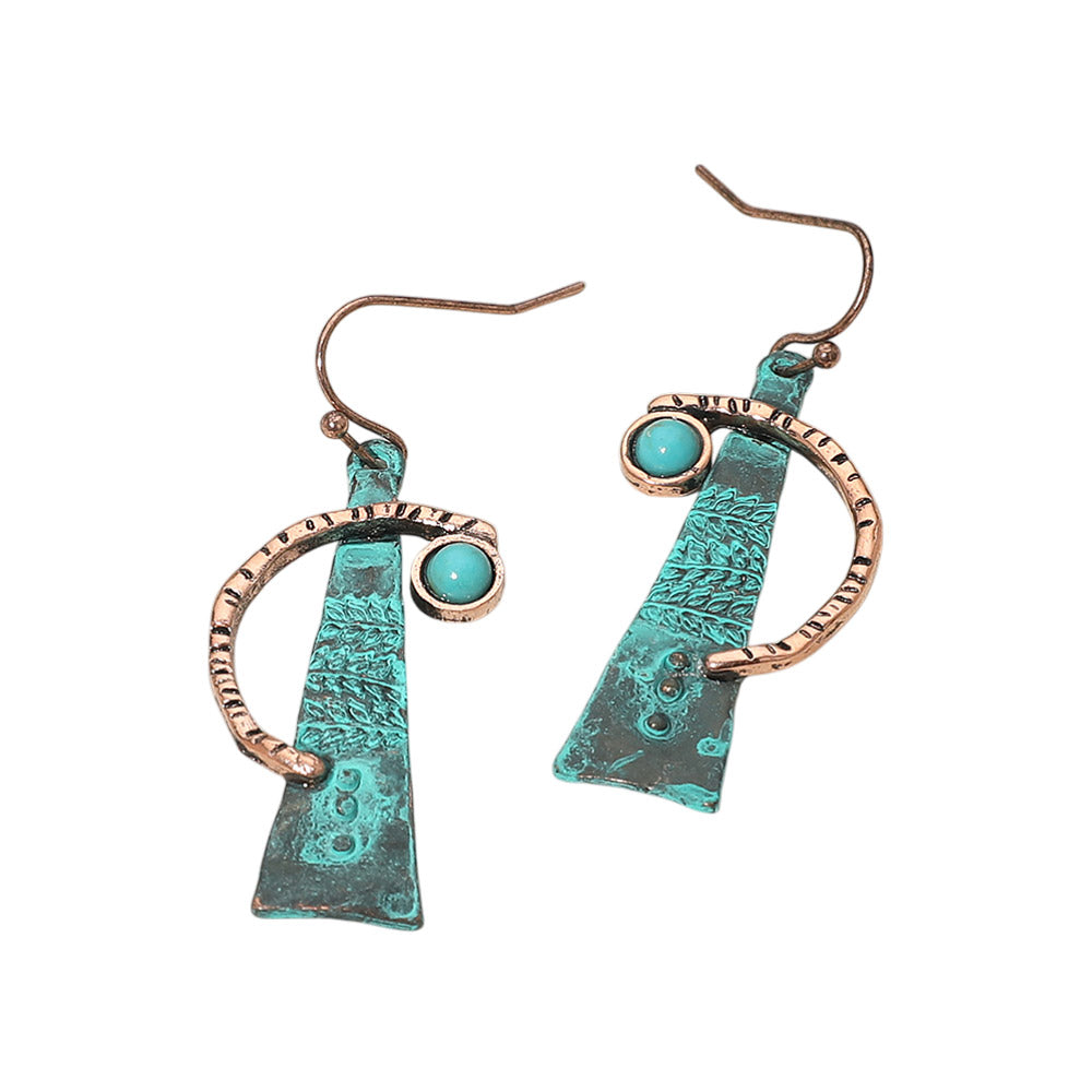 Madeline Love Copper Burnished, Patina Verdigris Turquoise Stone Accent Abstract Textured Metal Drop Earrings - desc