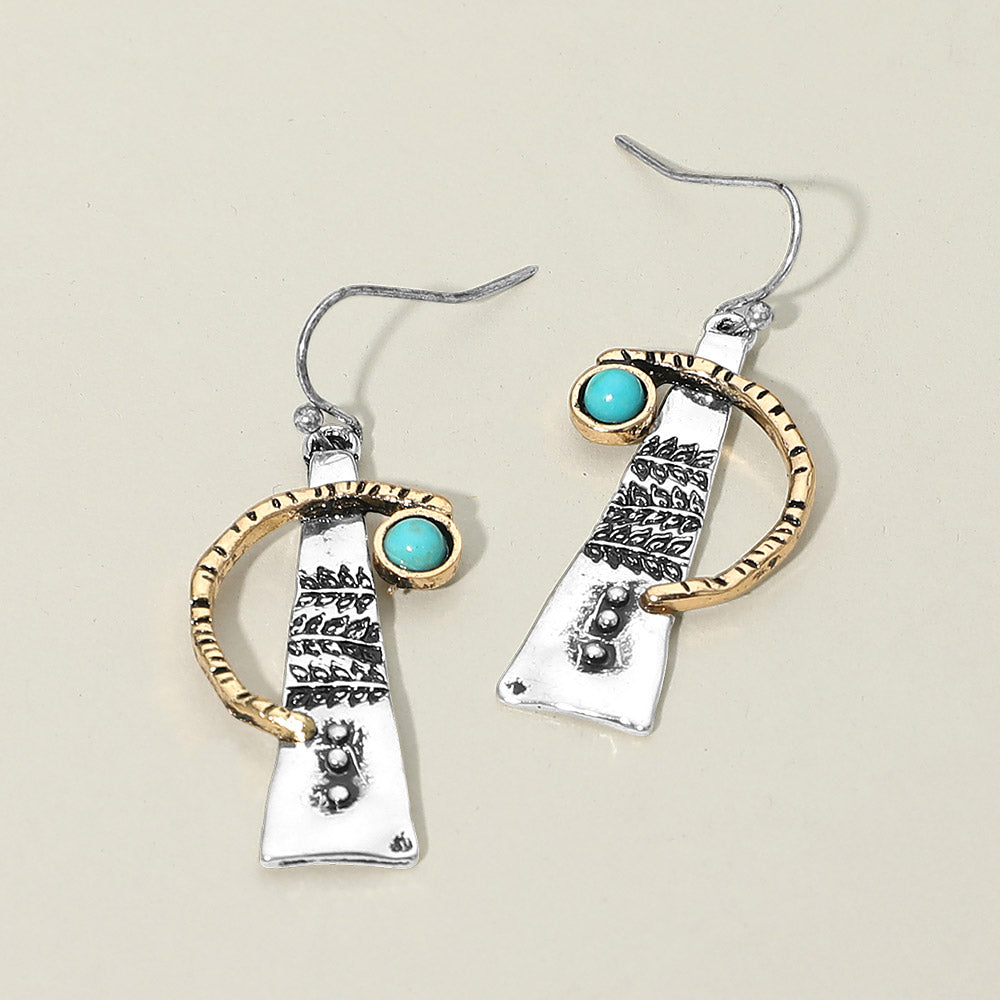 Madeline Love Silver Burnished, Two Tone Turquoise Stone Accent Abstract Textured Metal Drop Earrings