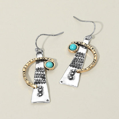 Madeline Love Silver Burnished, Two Tone Turquoise Stone Accent Abstract Textured Metal Drop Earrings