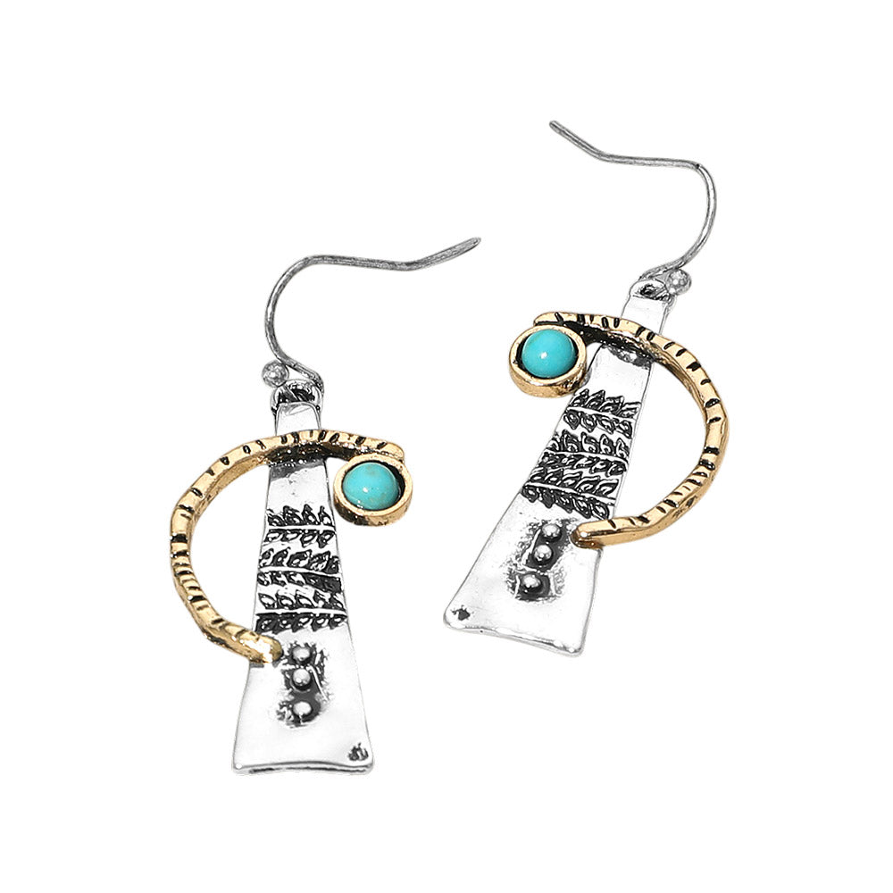 Madeline Love Silver Burnished, Two Tone Turquoise Stone Accent Abstract Textured Metal Drop Earrings - desc