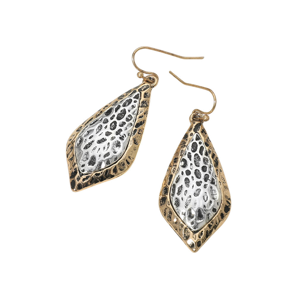 Madeline Love Gold Burnished, Two Tone Textured Metal Two Tone Filigree Teardrop Drop Earrings - desc