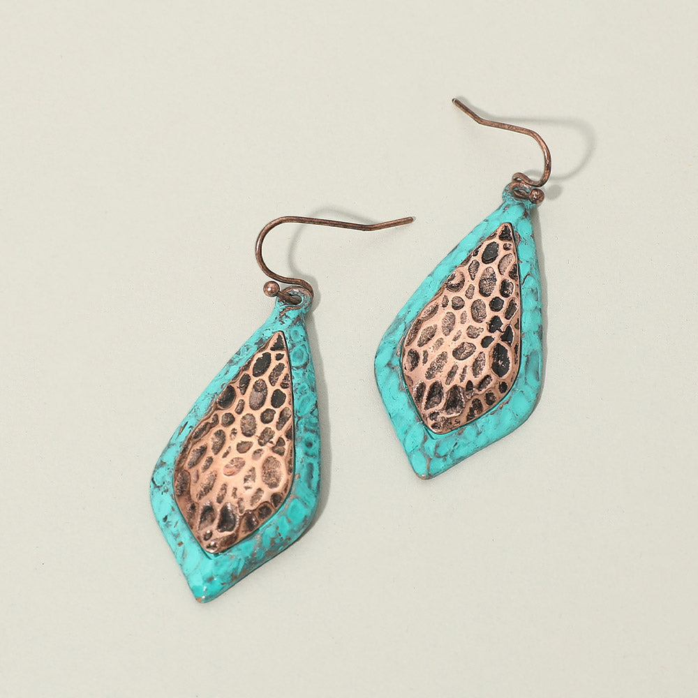 Madeline Love Copper Burnished, Patina Verdigris Textured Metal Two Tone Filigree Teardrop Drop Earrings