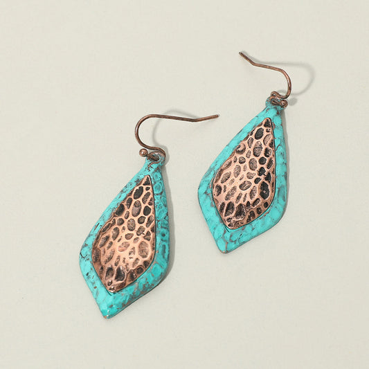 Madeline Love Copper Burnished, Patina Verdigris Textured Metal Two Tone Filigree Teardrop Drop Earrings