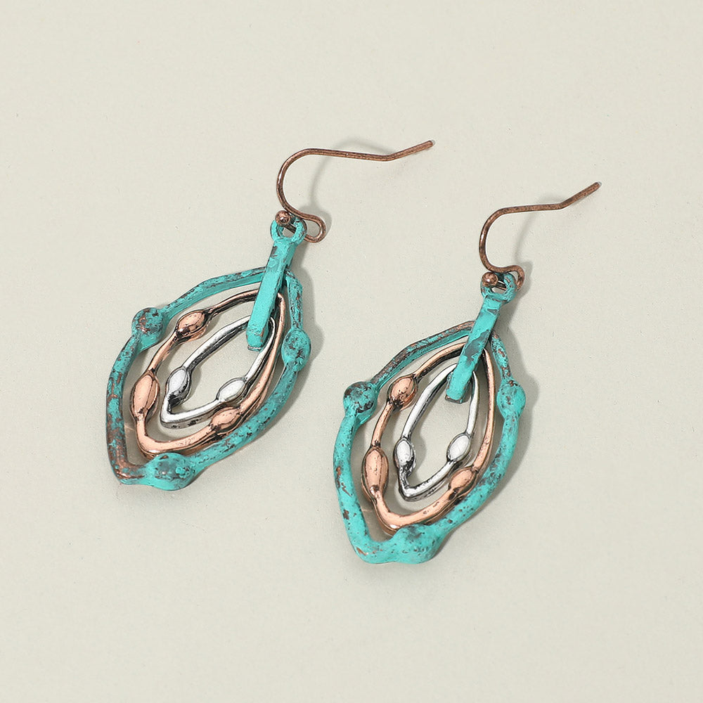 Madeline Love Patina Verdigris Metal Layered Teardrop Drop Earrings