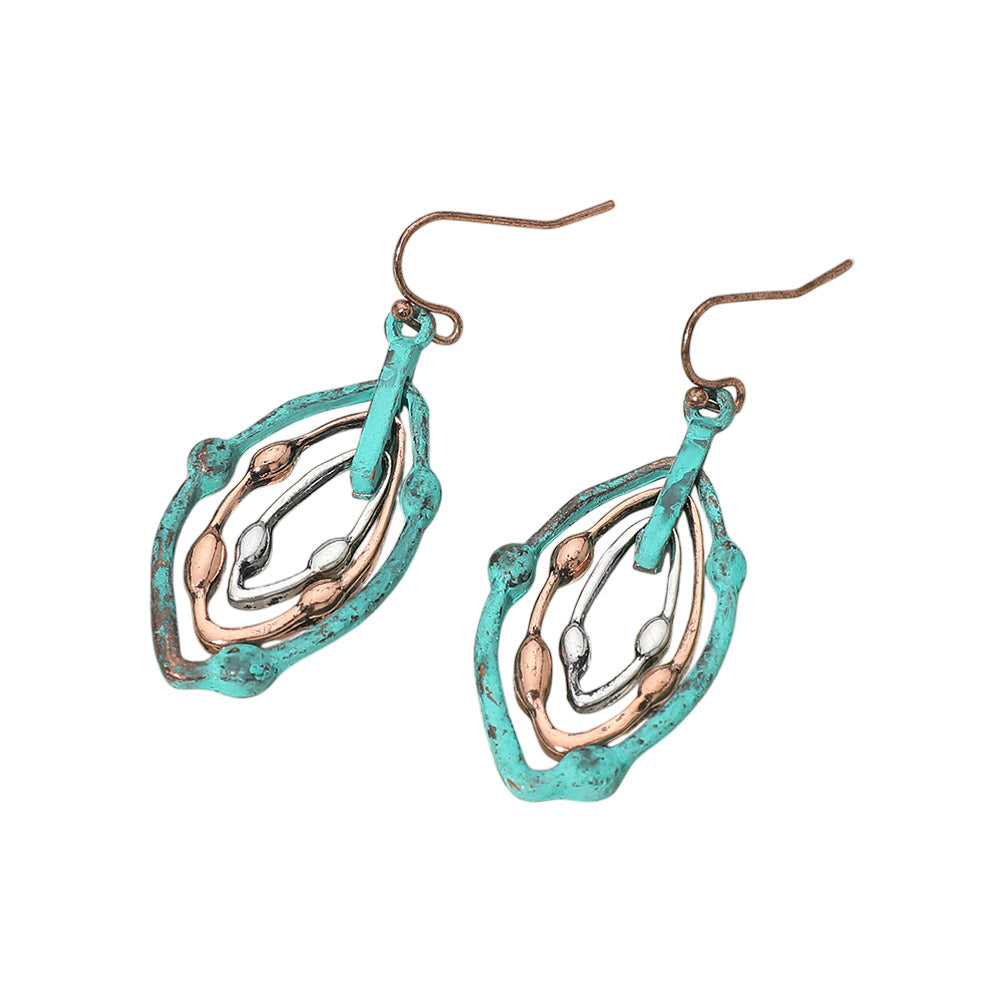 Madeline Love Patina Verdigris Metal Layered Teardrop Drop Earrings - desc