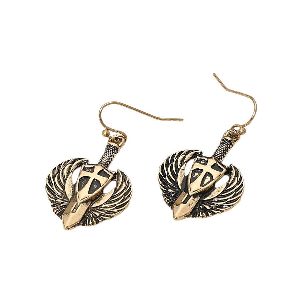 Madeline Love Gold Burnished Antique Metal Wing Cross Sword Shield Drop Earrings - desc