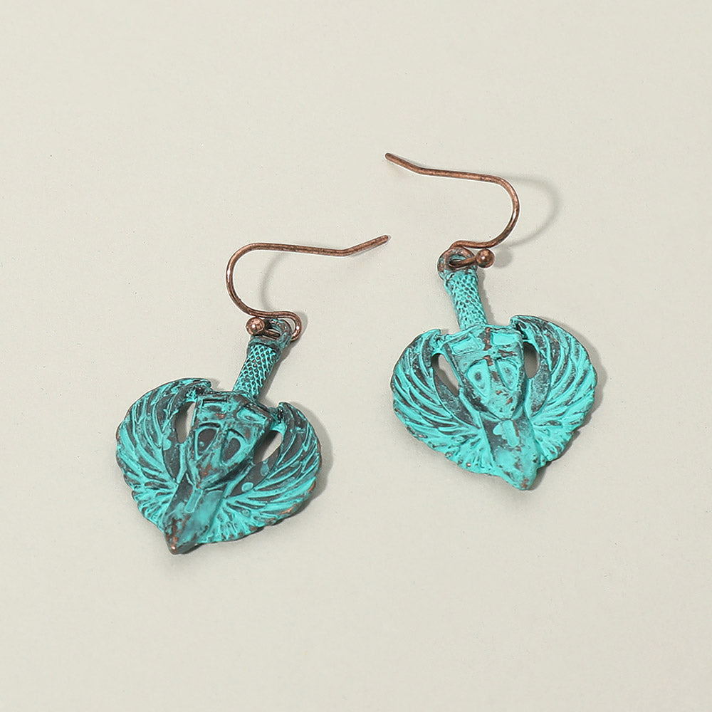 Madeline Love Patina Verdigris Antique Metal Wing Cross Sword Shield Drop Earrings