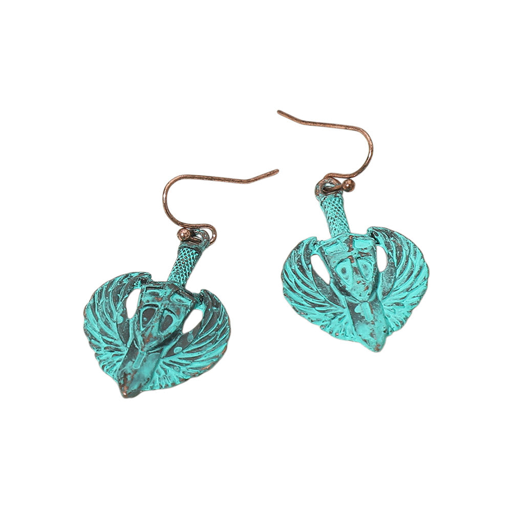 Madeline Love Patina Verdigris Antique Metal Wing Cross Sword Shield Drop Earrings - desc