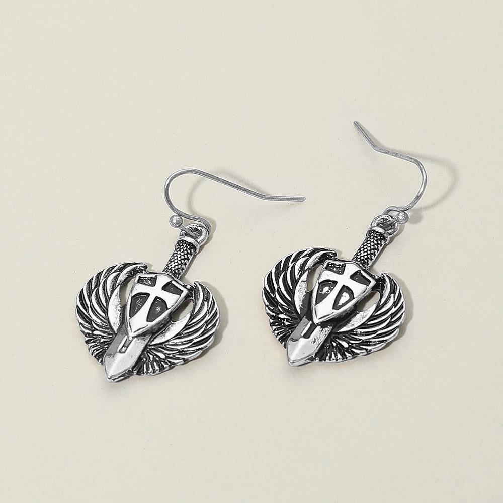 Madeline Love Silver Burnished Antique Metal Wing Cross Sword Shield Drop Earrings