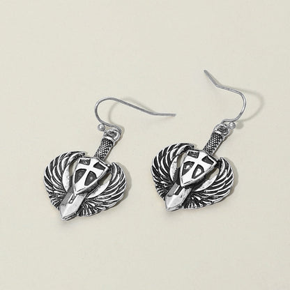 Madeline Love Silver Burnished Antique Metal Wing Cross Sword Shield Drop Earrings